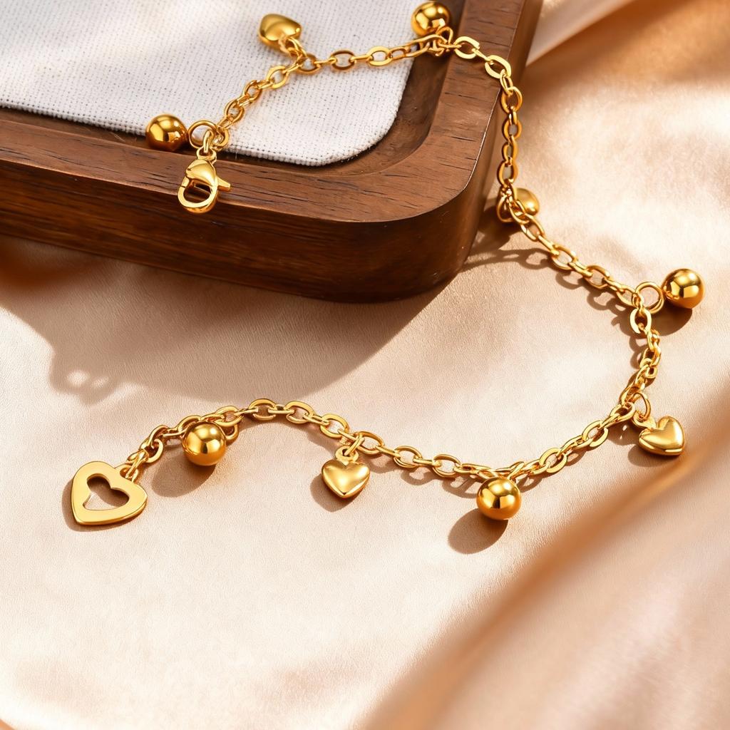 18K Gold Plated Round Beads Heart Charm Bracelet for Women, Stainless Steel Adjustable Bracelets, Dainty Waterproof Jewelry