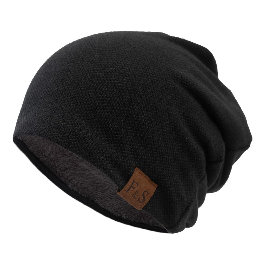 Autumn/Winter Beanie Hat Casual Fleece-Lined Thermal Solid-Colour Loose-Fit Knitted Hat for Men and Women