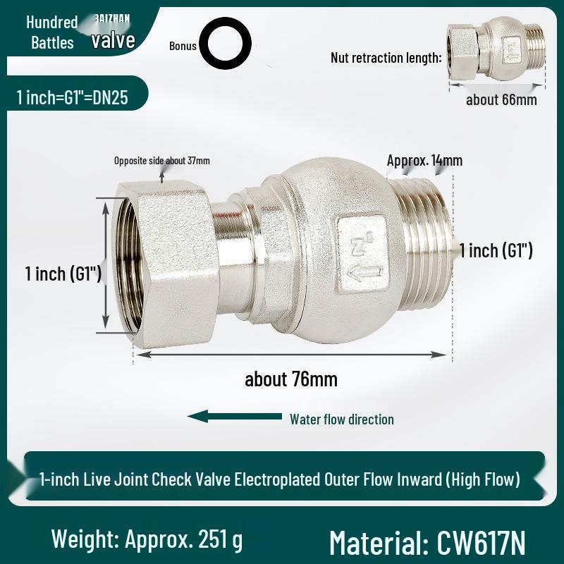 Full Copper Vertical Union Check Valve, Large Flow, Male/Female Thread, Anti-Backflow, Water Meter One-Way Valve, Water Pipe Backflow Preventer