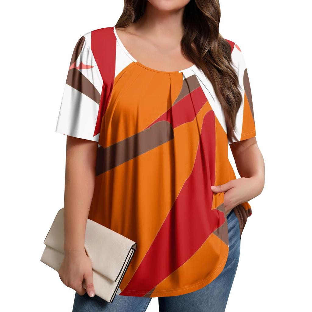 Plus Size Women's Casual Round Neck Pleated Short Sleeve Solid Color Top