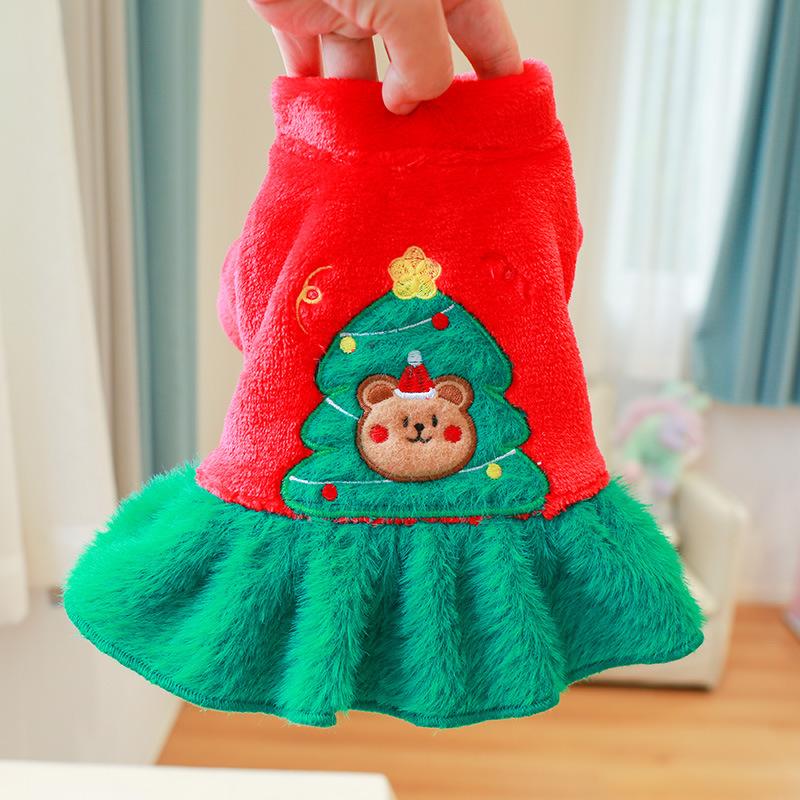 Pet Clothes Christmas New Year Autumn and Winter Velvet Warm Puppy Dog Clothing Medium and Small Dog Christmas Tree Bear Skirt