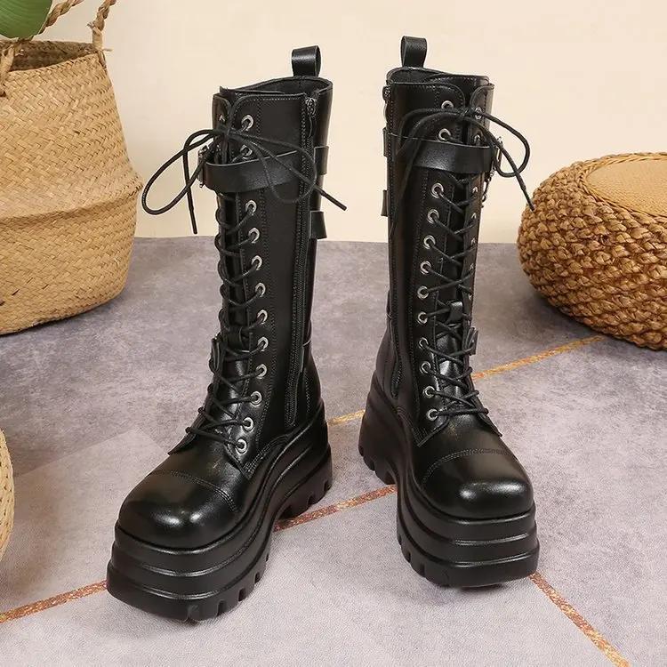 Мода Большой размер 43 Осенние женские ботинки Пряжка Круглый носок Танкетка Платформа Ботинки Панк Готика Женская уличная обувь Ботинки для женщин