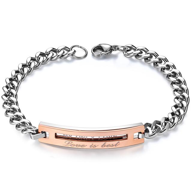 1pc Love Sweet Gift Stainless Steel Black/Rose Gold Color Lovers Couple Crystal Bracelet Bangles for Man Woman