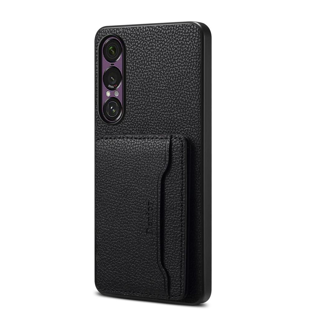 Магнитный чехол-книжка 2-в-1 для Sony Xperia 1 VII из кожи с рисунком личи и слотами для карт.