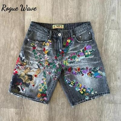 RogueWave Харадзюку Уличный Хип-Хоп Повседневные Свободные Прямые Джинсы Мужские Американские Y2K Принт Буквами Модные Универсальные Джинсовые Шорты Женские