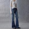 Women’s Mid‑Waist Vintage Washed Flare Jeans – Slim Fit Denim Pants – Blue Retro Style
