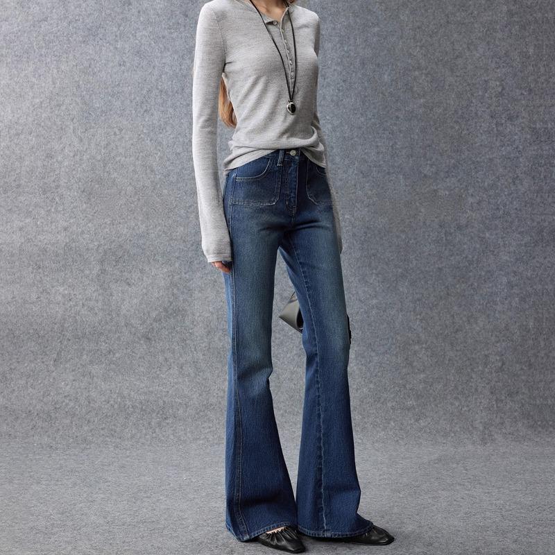 Women’s Mid‑Waist Vintage Washed Flare Jeans – Slim Fit Denim Pants – Blue Retro Style