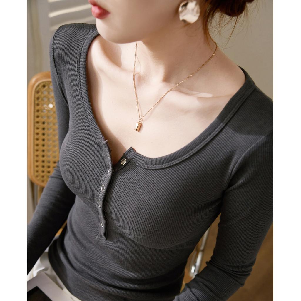 Button Base Shirt for Women In Autumn and Winter New T-shirt for Slim Outside and Long-sleeved T-shirt Round Neck Slim Body