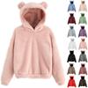 Women's Fashion Long Sleeve Solid Color Fleece Ears Hooded Warm Sweater Sweatshirt