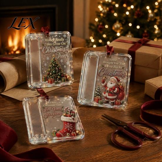 Christmas Party Gift Favors 3 Pcs Cash Ornament, Acrylic Money Holder for Cash, Clear Box Xmas Tree Hanging Decoration, Holiday Gifts Stocking