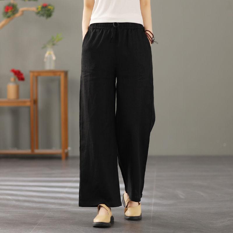 Женские брюки-шаровары, летние повседневные винтажные хлопковые льняные брюки с эластичной резинкой на талии, широкие брюки, модные свободные карманы, женские брюки