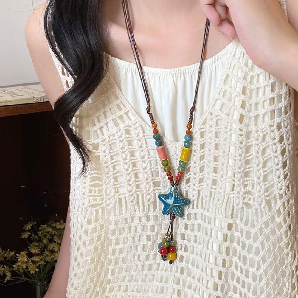 Tassel Ethnic Style Necklace Colorful Beads Bohemian Style Necklace Long Sweater Chain  Girls Gifts
