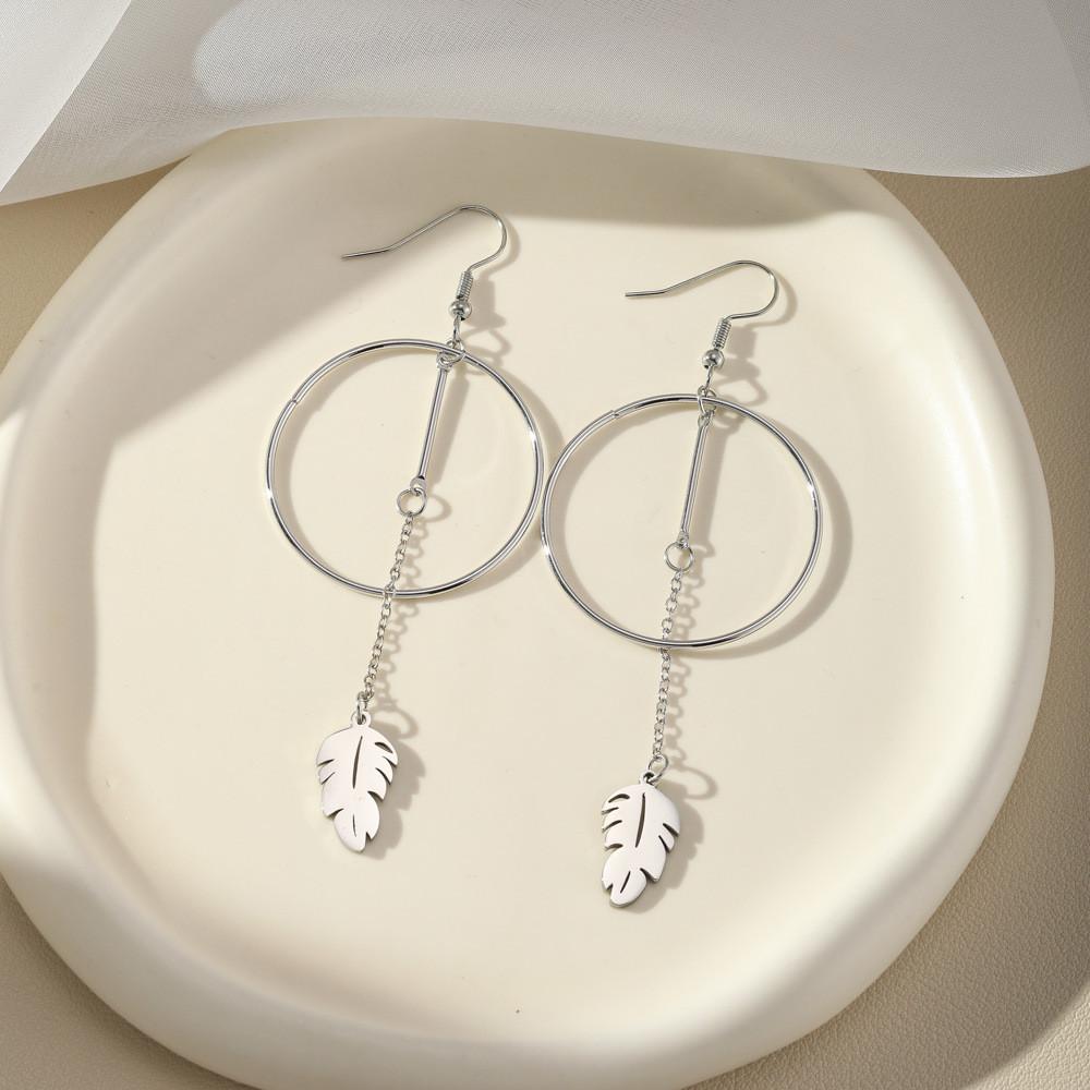 Oversized Stainless Steel Earrings With Leaf Feather Tassels Geometric Design