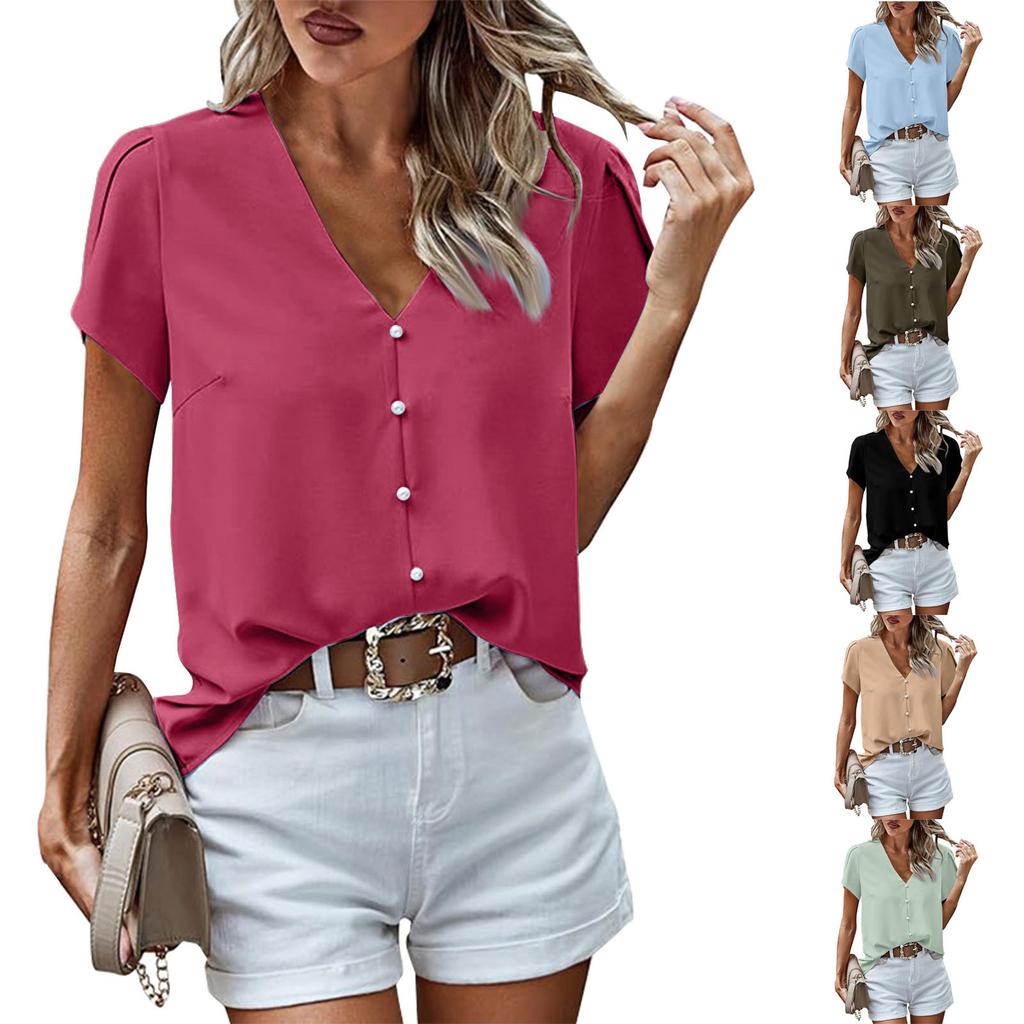 Women's V-Neck Short Sleeved  Solid Color Fashionable Button Top