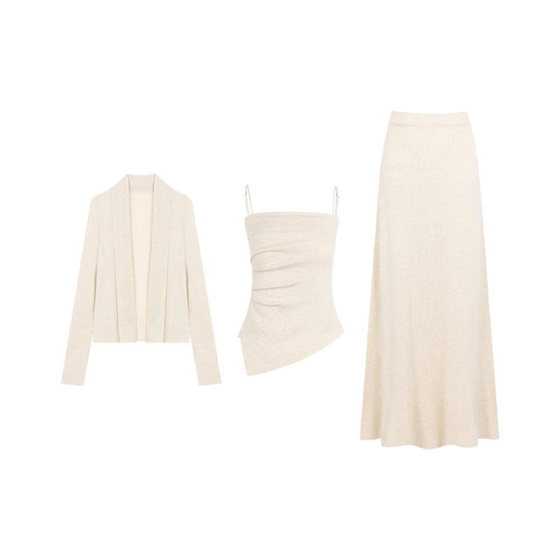 Autumn 2025 Trendy Women's Set: Strapless Pleated Vest, Long-Sleeved Cardigan, and High-Waisted Skirt