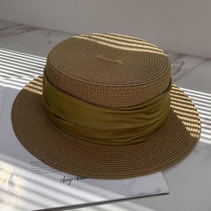 French pleated flat top straw hat women's spring summer seaside vacation straw hat sunshade sunscreen fashion travel flat top hat