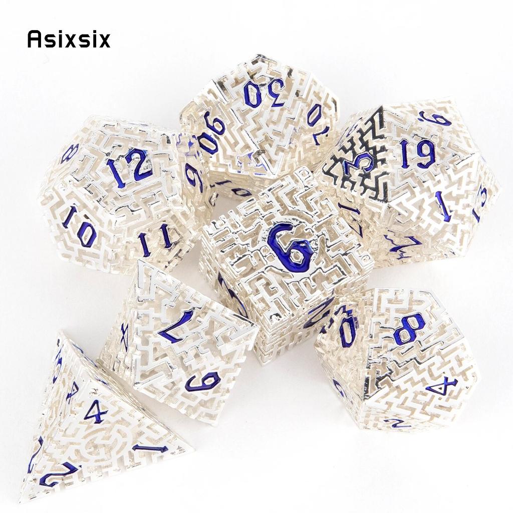 7 Pcs White Blue Metal Dice Maze Hollow Metal Polyhedral Dice Set Suitable for Role-Playing RPG Board Game Card Game
