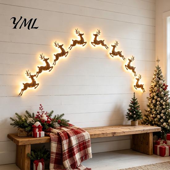 Holiday Party Wall Decorations 12 Pcs LED Reindeer Decoration, Christmas Glow Silhouette Lights, 3D Light-Up Lighted Decals Wooden Peel And Stick Art
