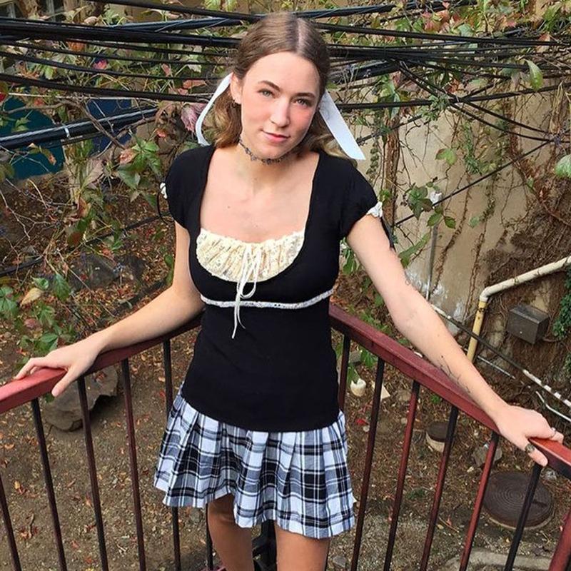 Summer Women T-Shirt Lace Square Collar Short Sleeve Bow Decoration Short Tops