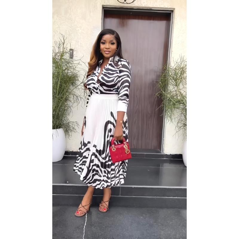 Весенне-летний женский костюм с длинными рукавами и принтом зебры, повседневный плиссированный полубоди с длинной юбкой