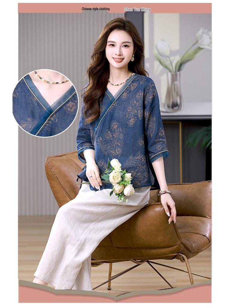 Женский летний костюм из рами 2025: Ретро костюм-двойка с широкими брюками и топом