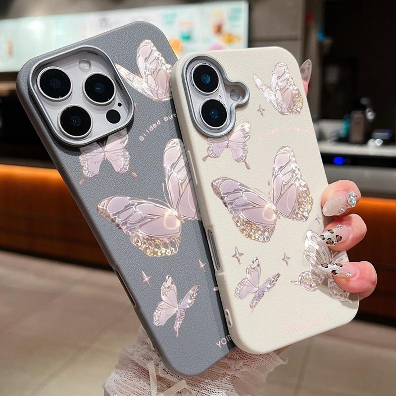 Тонкий мягкий чехол с рисунком бабочки и текстурой кожи для iPhone 16 Pro Max 15 14 Pro 13 12 11, матовая защита линз, противоударный чехол для телефона из ТПУ