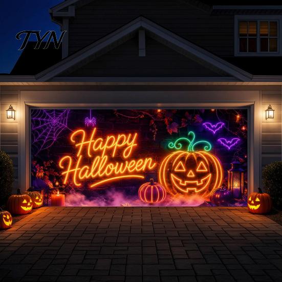 Outdoor Halloween Decoration Garage Door Banner, Pumpkin Ghost Spider Web Patterns Yard Flag Festival Atmosphere Cover for Party Background,