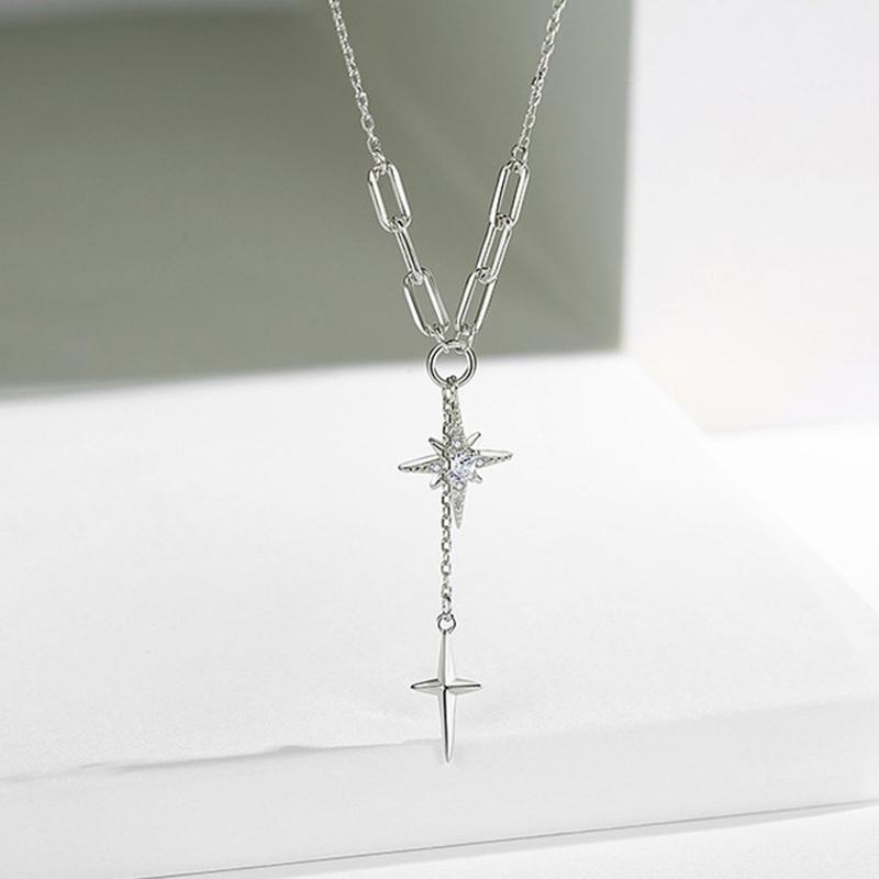 Серебряное ожерелье с подвеской в виде шестиконечной звезды «Фея», простая цепочка для ключицы, блестящий циркон, кисточка, крест, милая свадебная бижутерия для ключицы