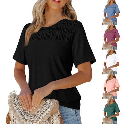 Женская однотонная футболка с круглым вырезом и коротким рукавом, свободная, плиссированная