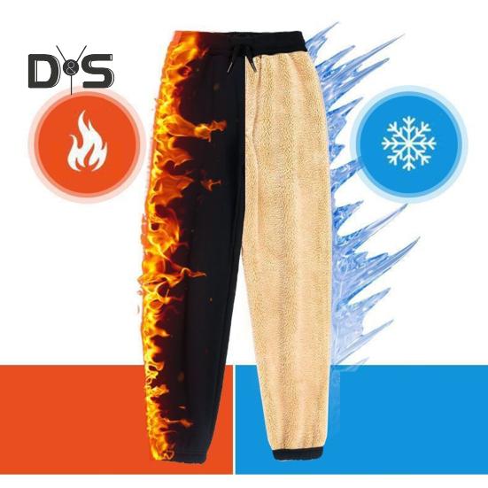 Winter Men Pants Thick Plush Drawstring Elastic Waist Heat Retention Zipper Pockets Plus Size Ankle-banded Solid Color Warm Sport Travel Work Trousers