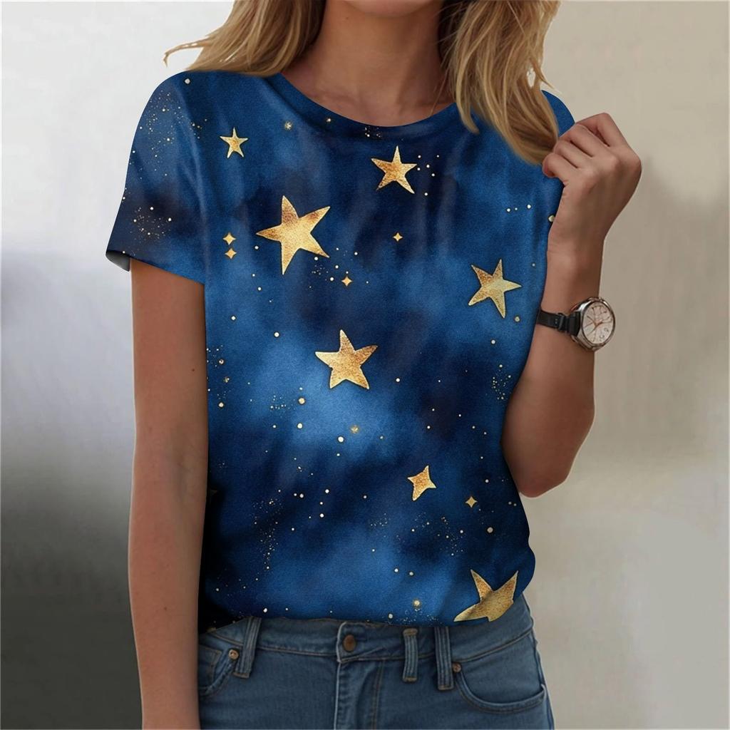 Женская мода Sky Print модная универсальная облегающая футболка с коротким рукавом