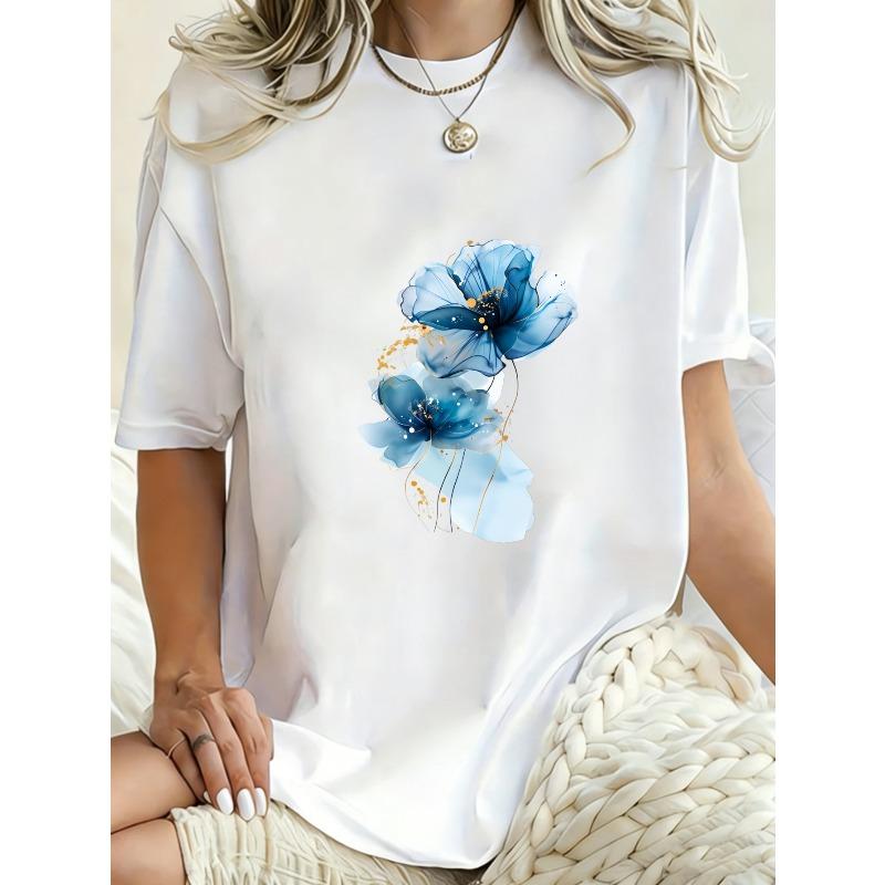 Oversized T Shirt Dress Black Blue Floral Print For Casual Wear