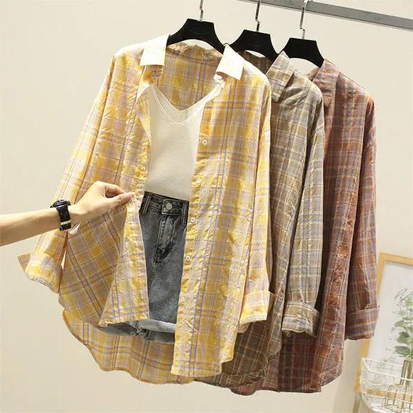 Cotton Thin Sunscreen Plaid Shirt Spring and Summer Women's Loose Plaid Shirt Student Jacket