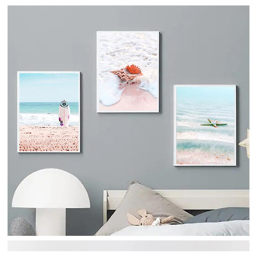 Гамак плакаты на скандинавскую тему и принты, настенная живопись на холсте, настенные картины для декора гостиной, розовое море, пляж, ракушка, ананас