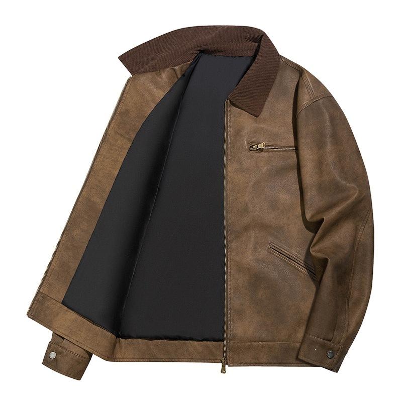 New PU leather jacket men's American retro tooling style hard and loose old money style street simple locomotive style