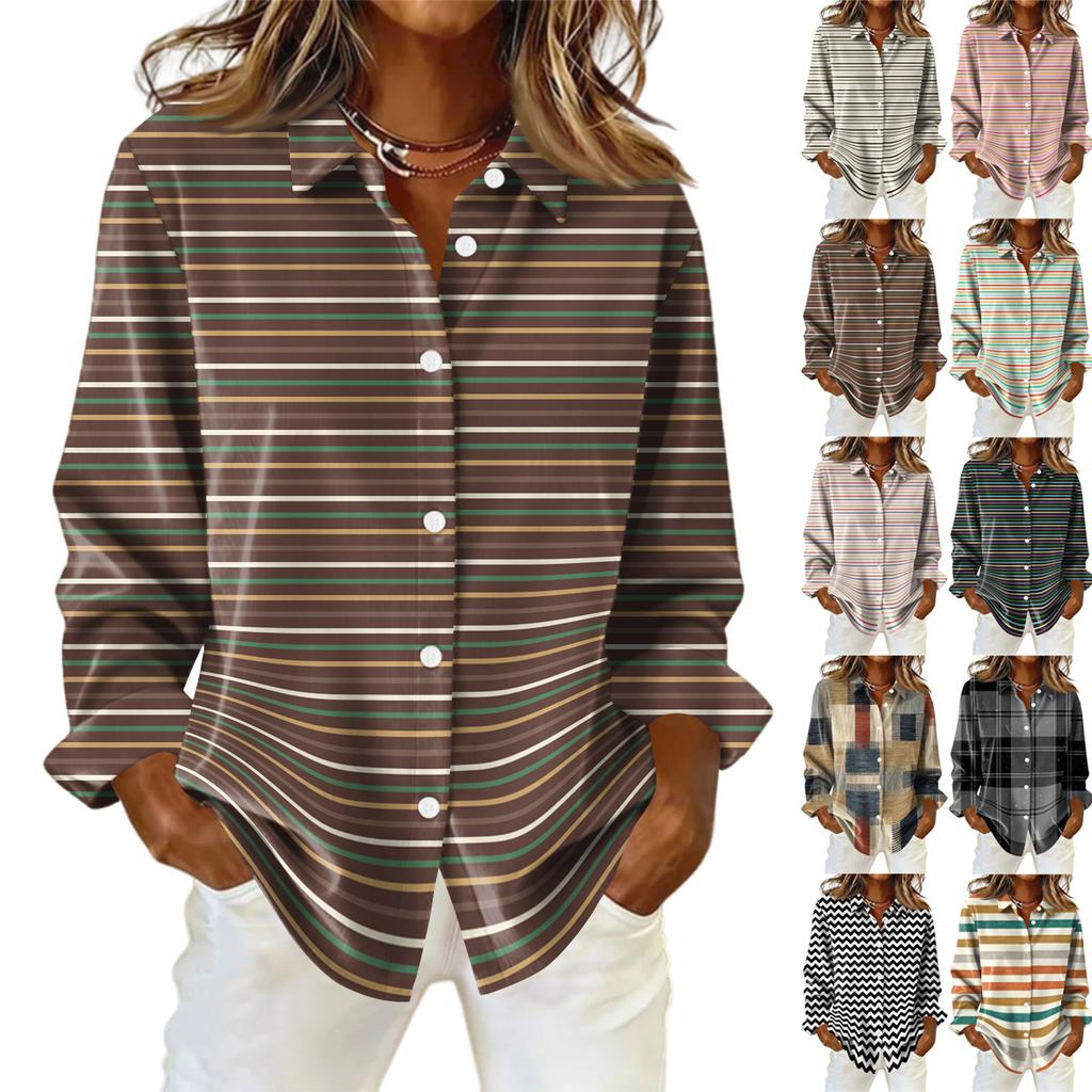 Женская рубашка-блузка с рождественским принтом и пуговицами, длинный рукав, повседневный базовый рубашечный воротник, обычный топ