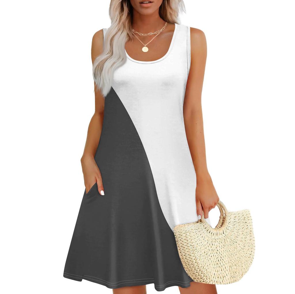 Женское летнее повседневное платье с квадратным вырезом и принтом в стиле пэчворк, платье без рукавов с карманами