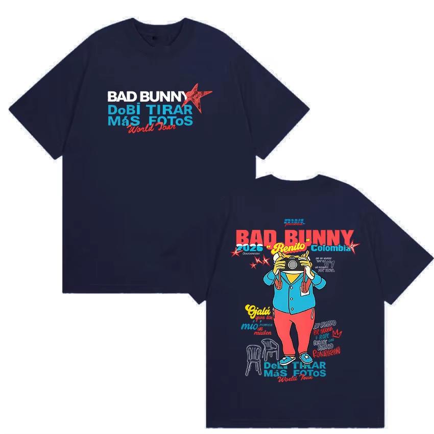 Bad Bunny Debi Tirar Mas Fotos 2026 Мировой Тур Графическая Футболка, Унисекс Винтажная Футболка с Круглым Вырезом Свободная Хлопковая Y2K Топ Футболка