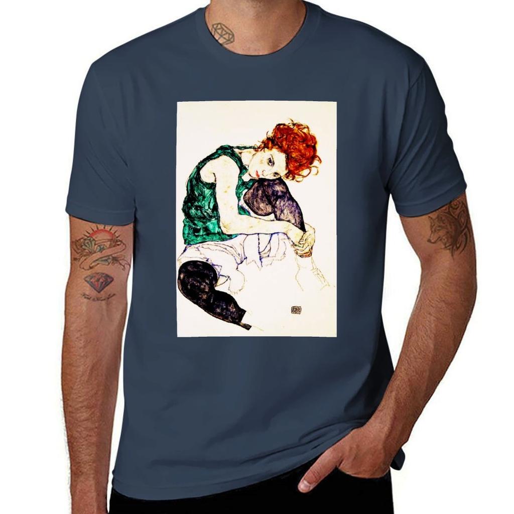 Egon Schiele Seated Unisex with Legs Drawn up TShirt Active Sports Short Sleeve Cotton Shirt