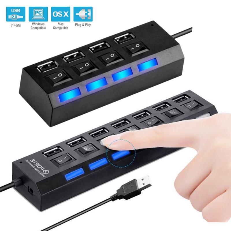 4/7 Ports USB HUB with On/Off Switch LED Light USB 2.0 Hub High Speed Adapter Portable USB Splitter For Computer Laptop Accessories