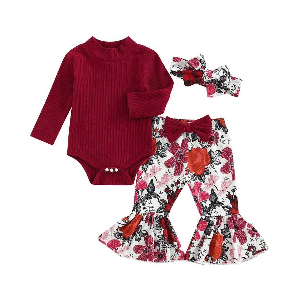 Infant Girl Autumn Clothes Set, Solid Color Ribbed Long Sleeve High Neck Romper + Flower Leaf Print Flare Pants + Headband