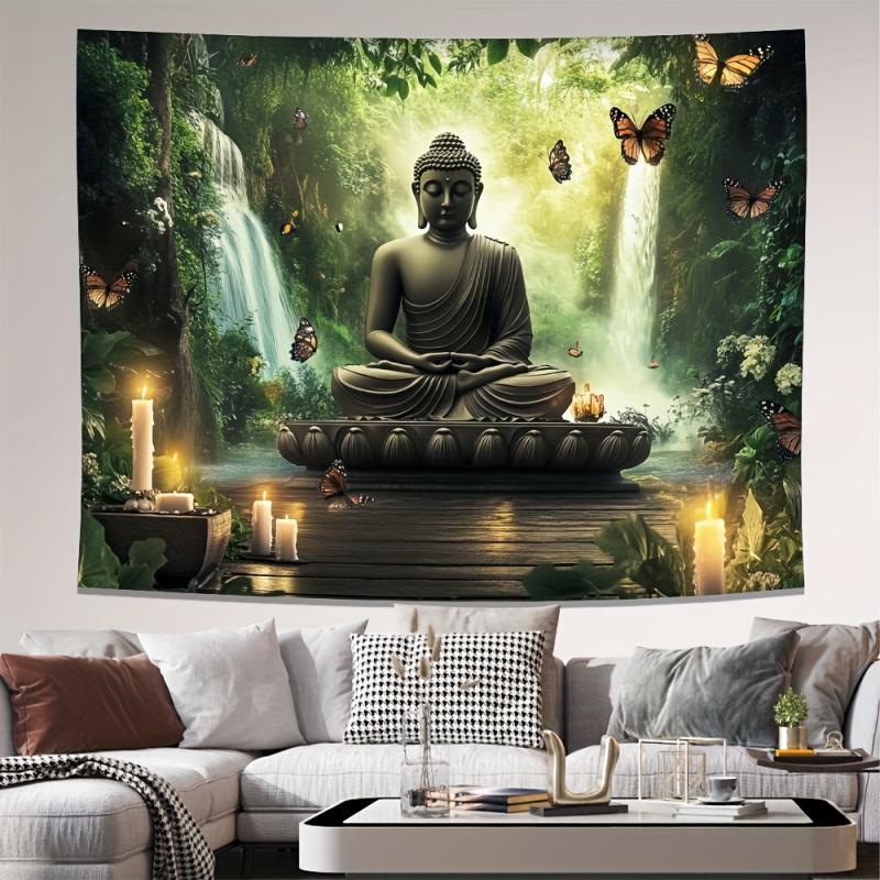 Zen Buddha Forest Waterfall Tapestry Yoga Meditation Decoration Hanging Cloth Living Room Bedroom Bedhead Wall Decoration