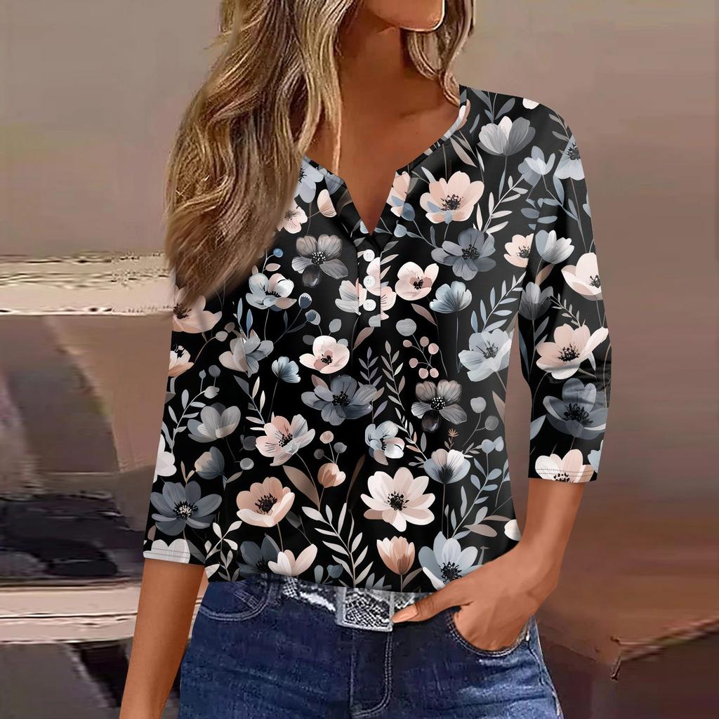 Women's T Shirt Print Button 3/4 Sleeve Daily Weekend Fashion Basic V- Neck Regular Top
