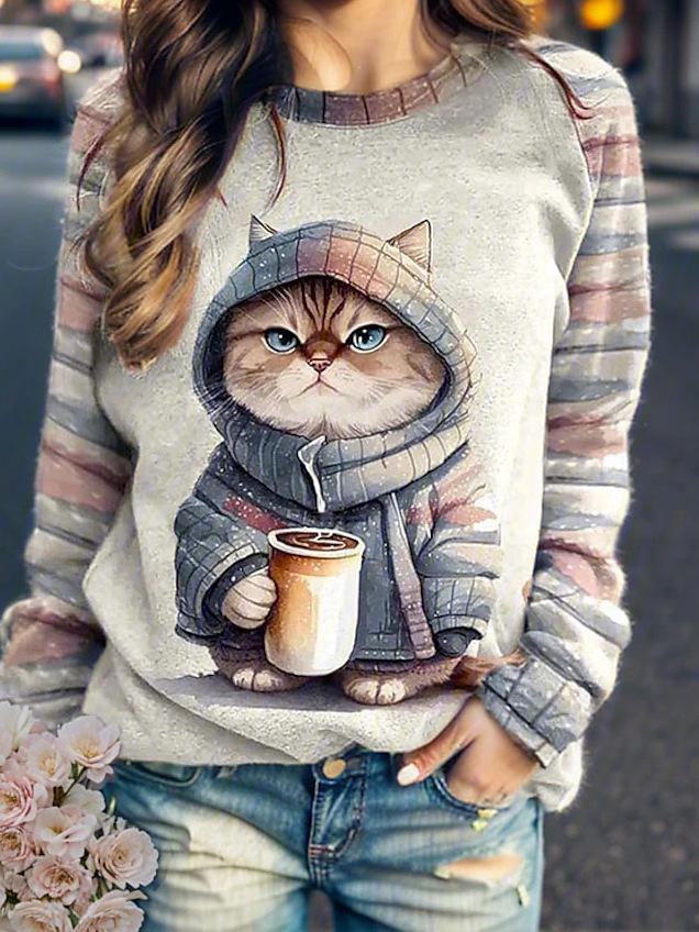 2024 Women's Round Neck Sweater with Cat Design, Raglan Style, Autumn/Winter, European/American, Cashmere Blend T-shirt