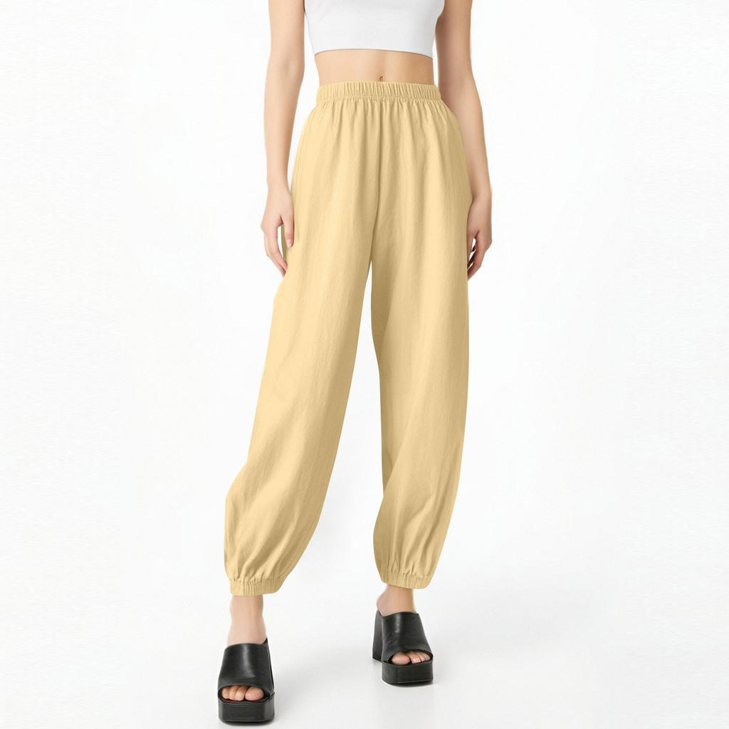 Women Casual Cotton And Linen Solid Elastic Waist Long Straight Pants