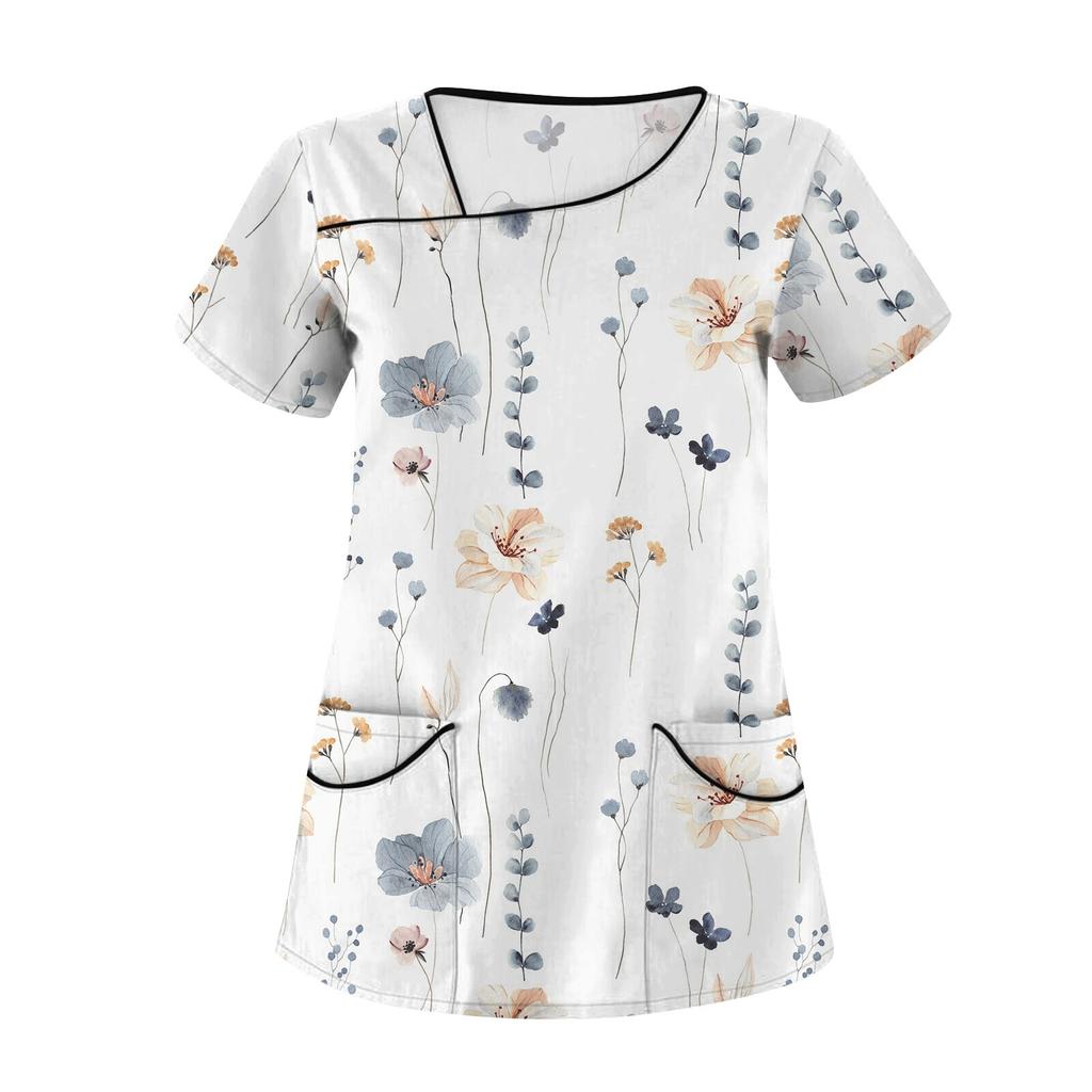 Женская повседневная рабочая одежда с цветочным принтом и коротким рукавом с наклонным воротником и двойными карманами