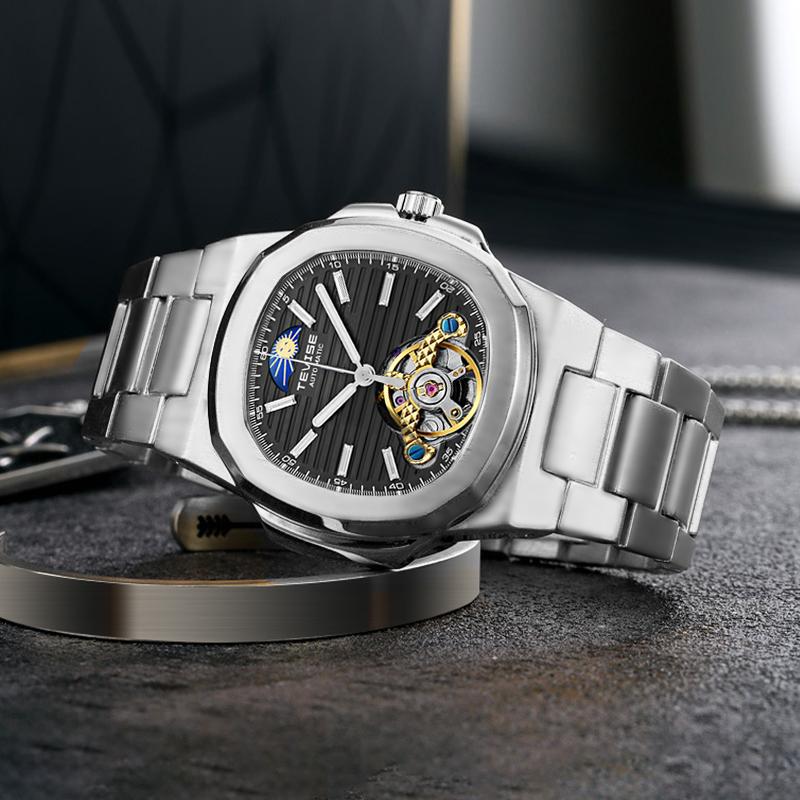 TEVISE Мужские роскошные водонепроницаемые часы из нержавеющей стали с механическим турбийоном и автоматическим механизмом для спорта и бизнеса