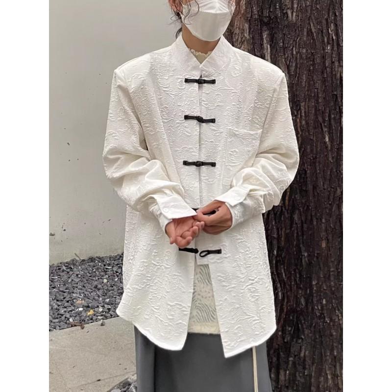 Mens Linen Blend Stand Collar Long Sleeve Shirt Loose Fit Casual Top