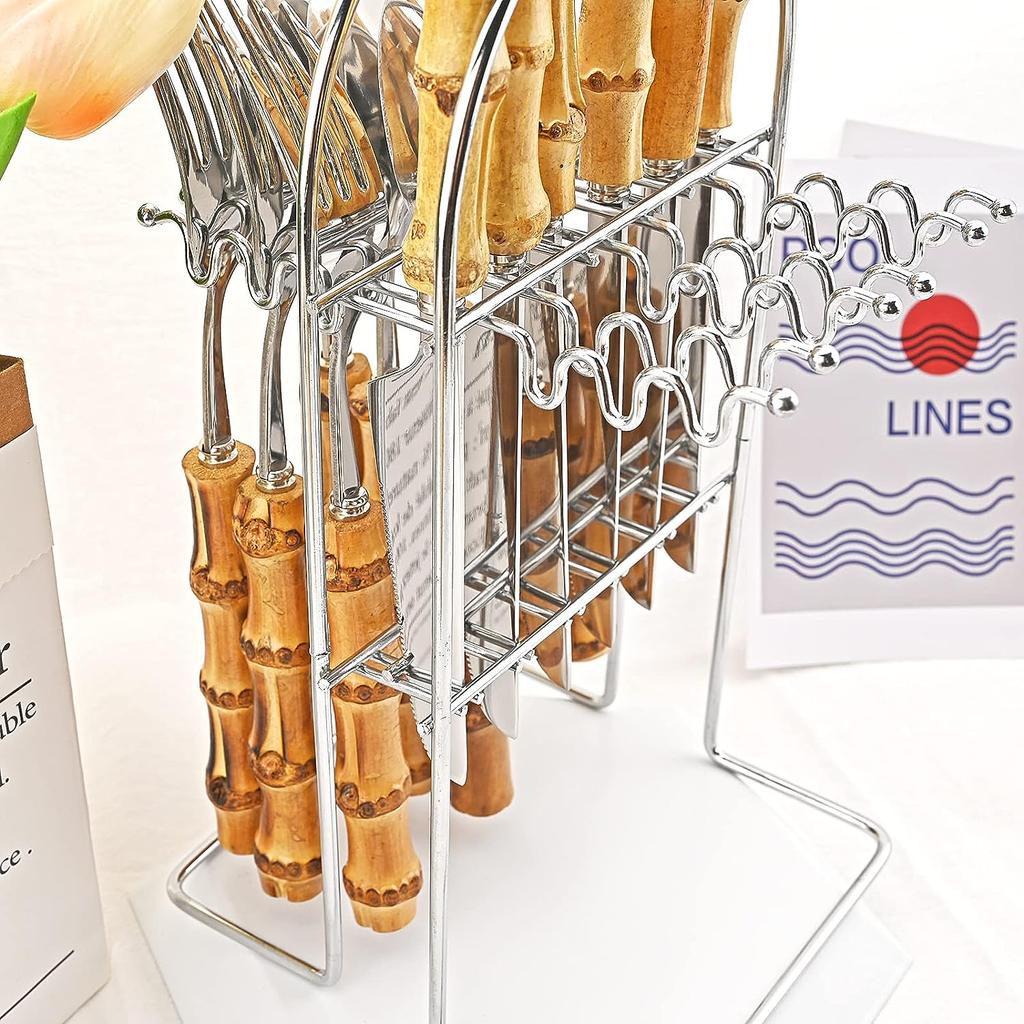 Роскошный набор столовых приборов из бамбука из 24 предметов - прочная серебристая посуда из нержавеющей стали с держателем для столовых приборов, зеркальная полировка