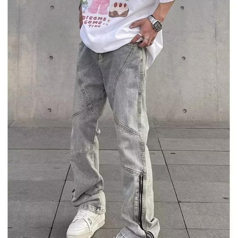 2023 Мужские расклешенные джинсы с потертостями и молнией: Американский стиль High Street